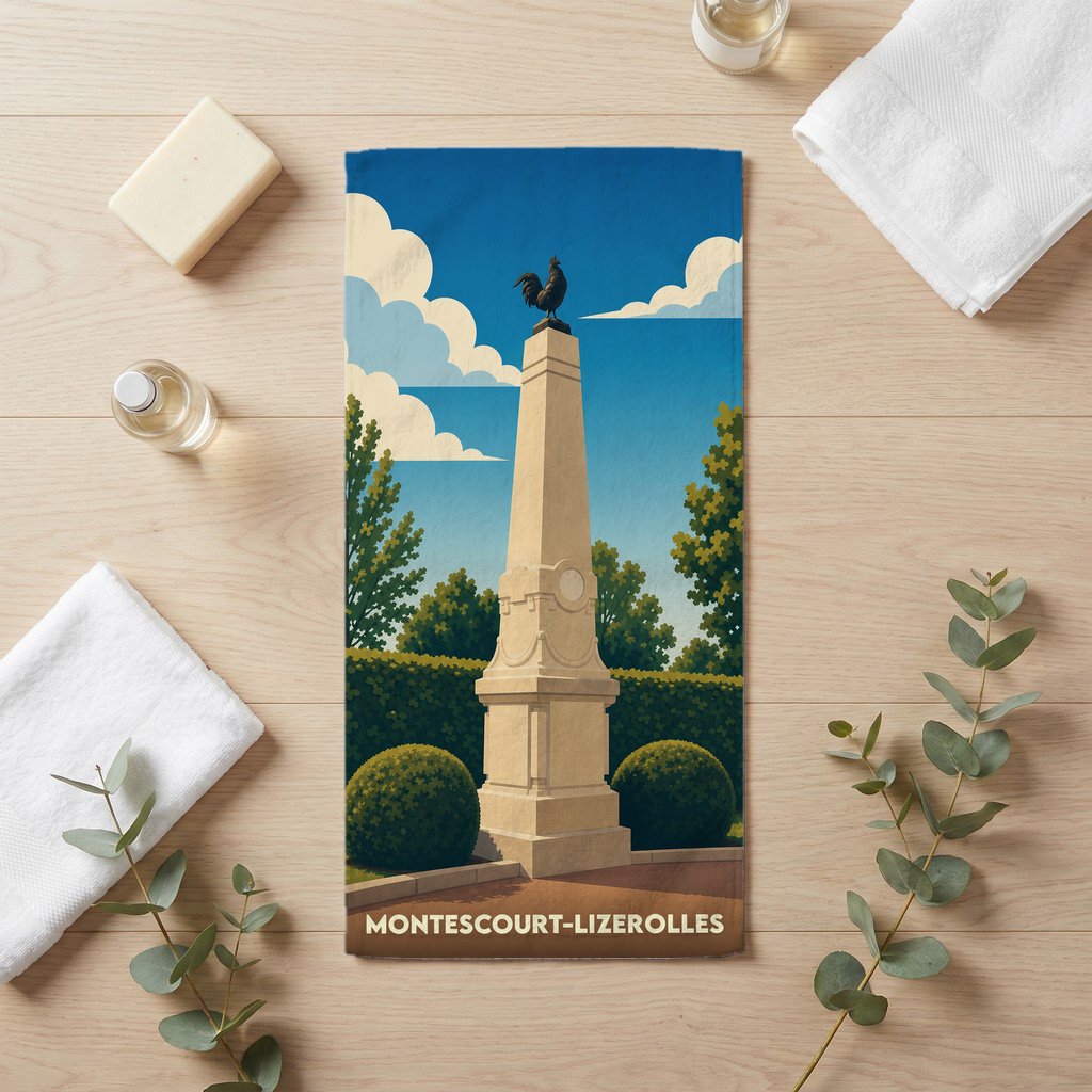 Serviette de bain souvenir de la ville de Montescourt-Lizerolles avec une illustration stylisée d'un monument local.