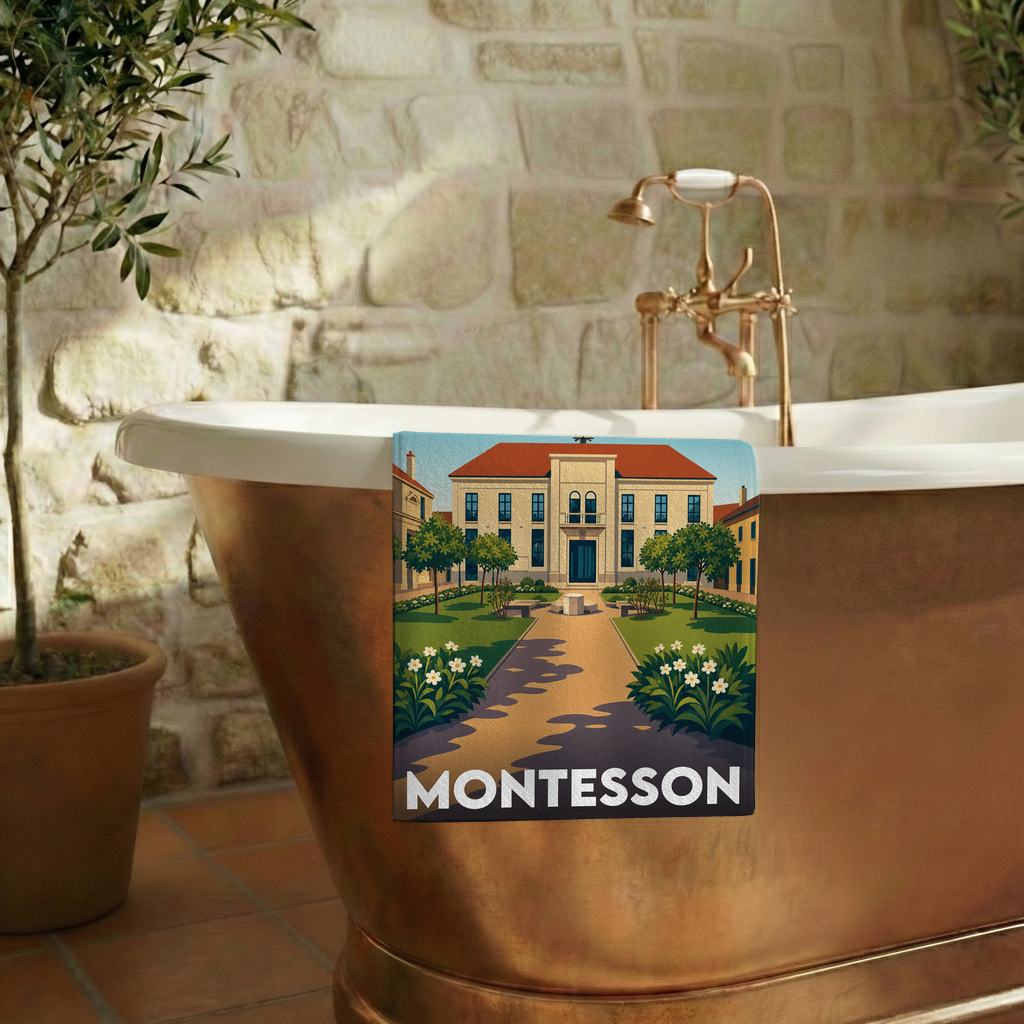 Serviette de bain souvenir de la ville de Montesson avec une illustration stylisée.