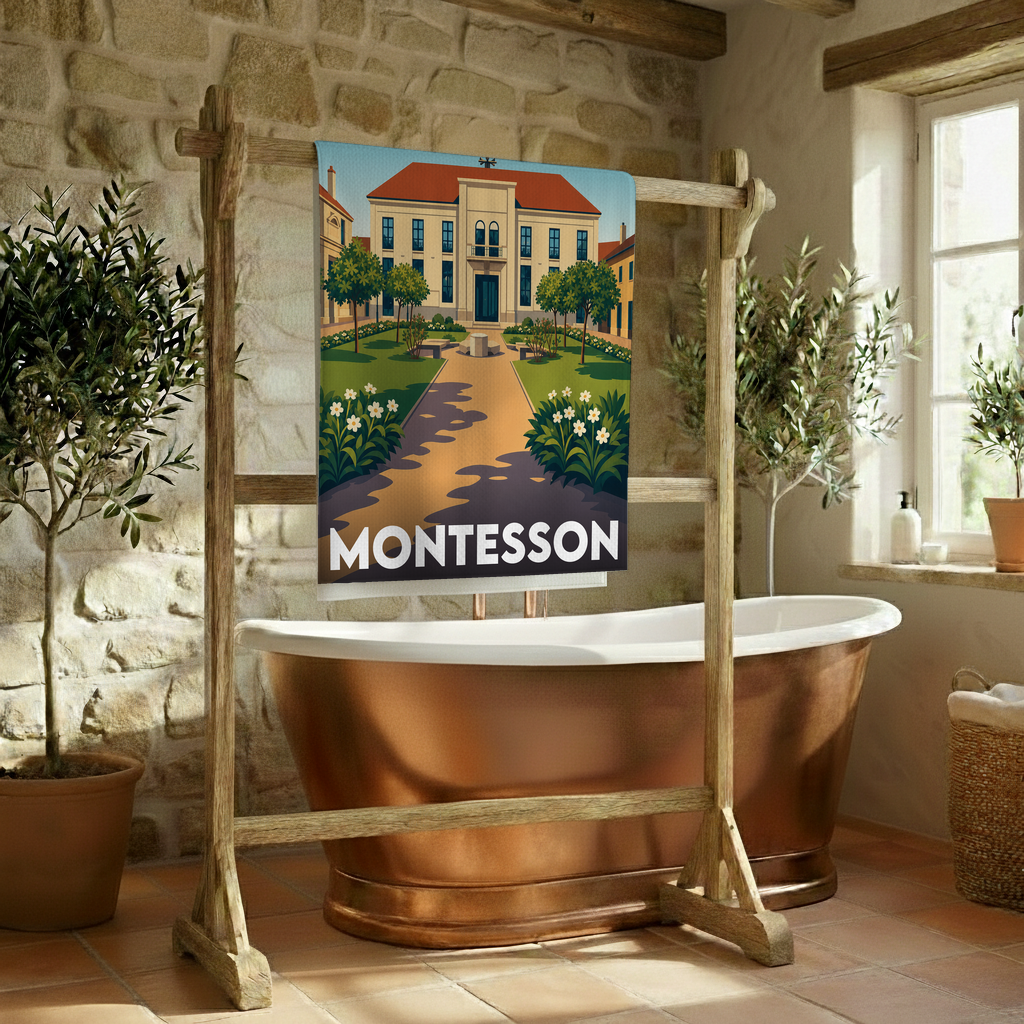 Serviette de bain souvenir de la ville de Montesson avec une illustration stylisée de sa mairie et de ses jardins.