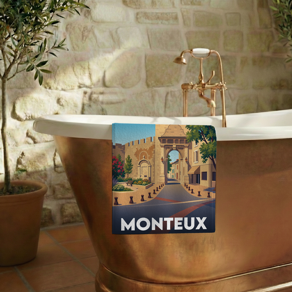 Serviette de bain souvenir de la ville de Monteux avec une illustration stylisée.
