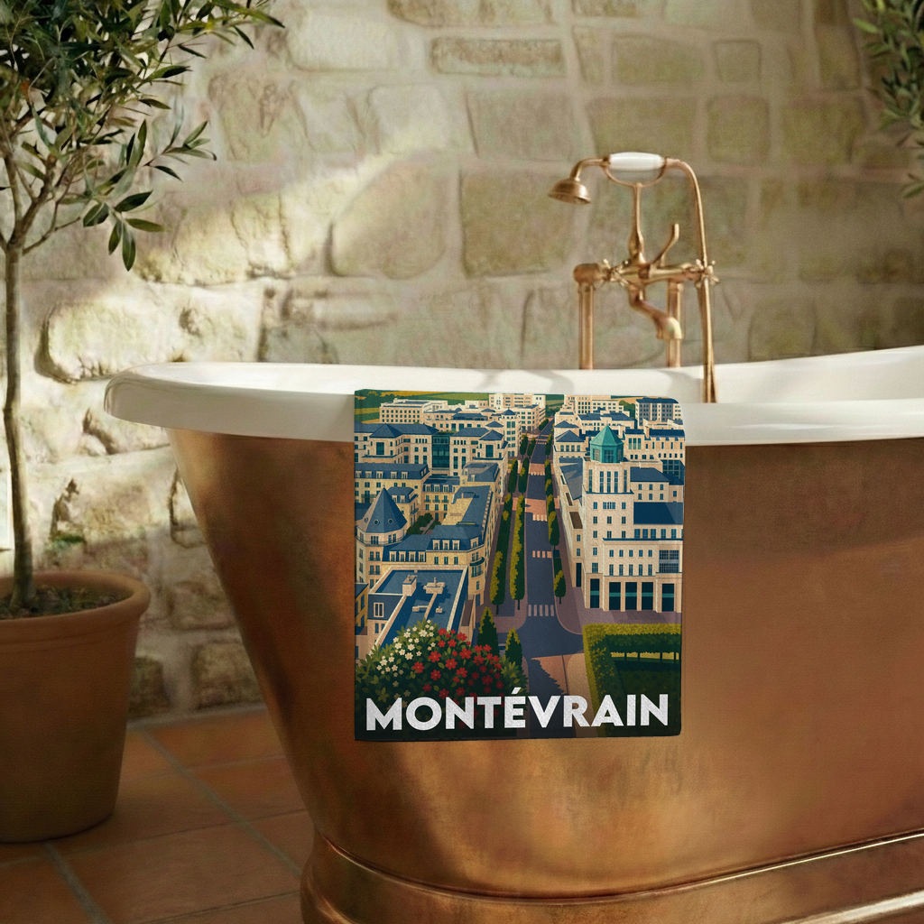 Serviette de bain souvenir de la ville de Montévrain avec une illustration stylisée.