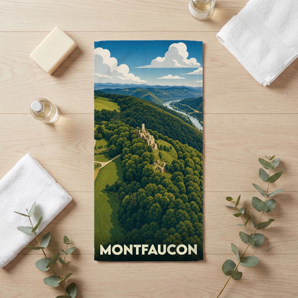 Serviette de bain souvenir de la ville de Montfaucon avec une illustration stylisée de son paysage et de ses ruines.
