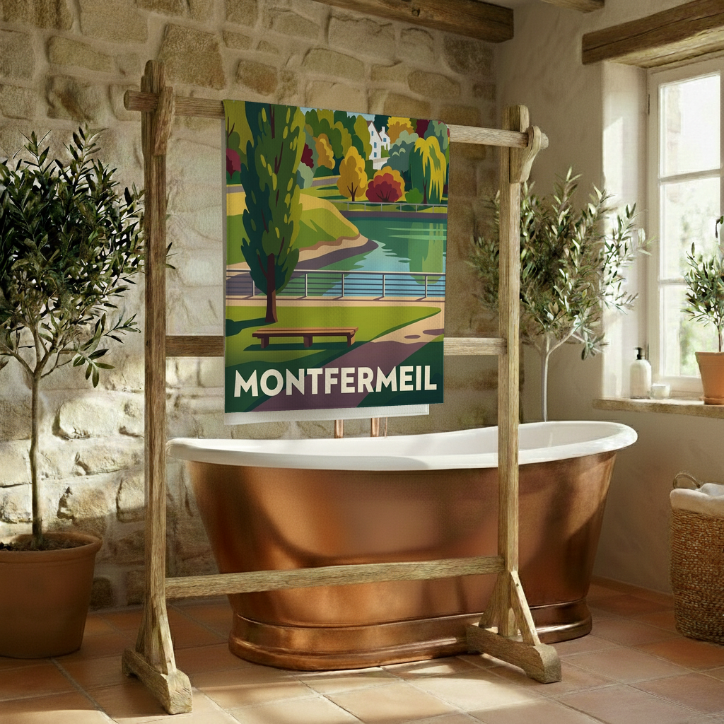 Serviette de bain souvenir de la ville de Montfermeil avec une illustration stylisée.