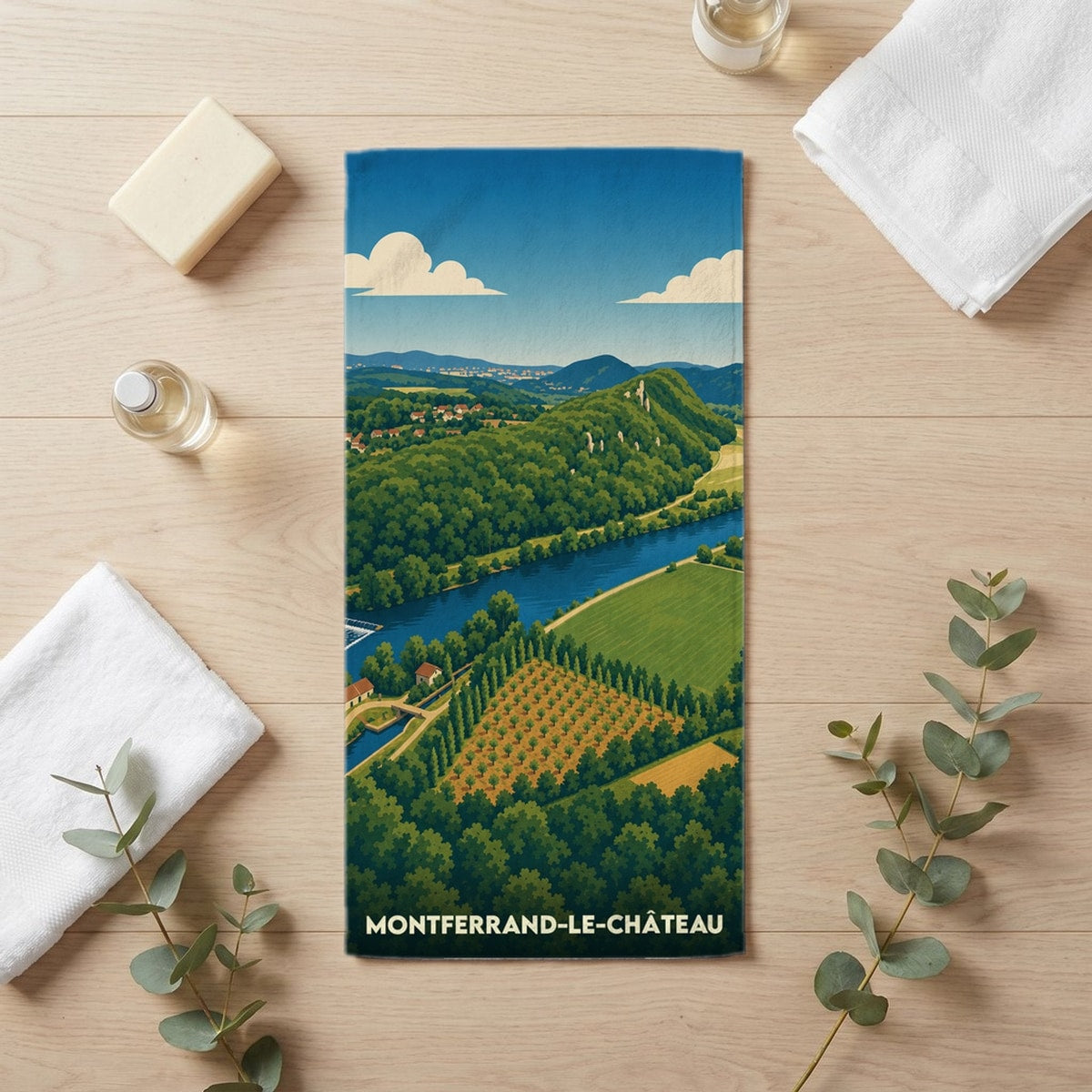 Serviette de bain 30 cm x 60 cm souvenir de Montferrand-le-Château