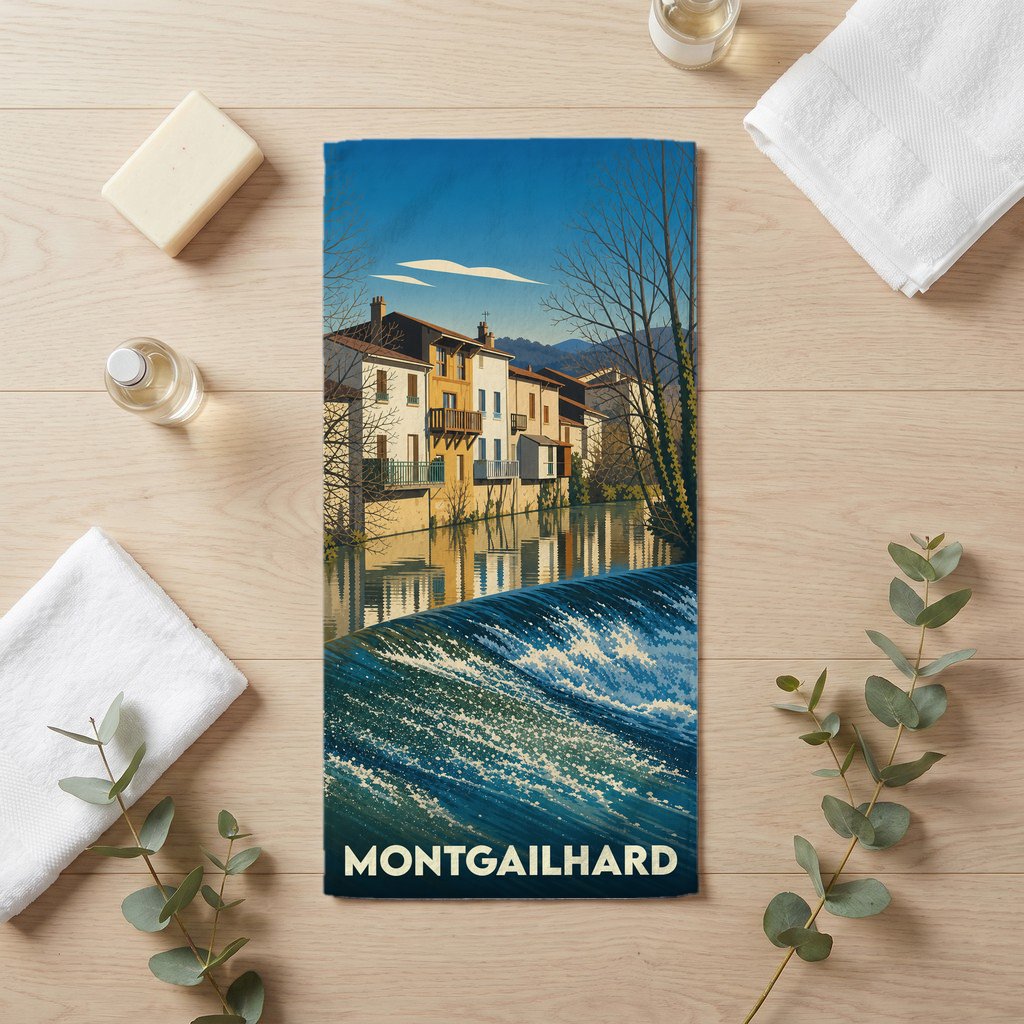 Serviette de bain souvenir de la ville de Montgailhard illustrée d'un paysage urbain au bord de l'eau.