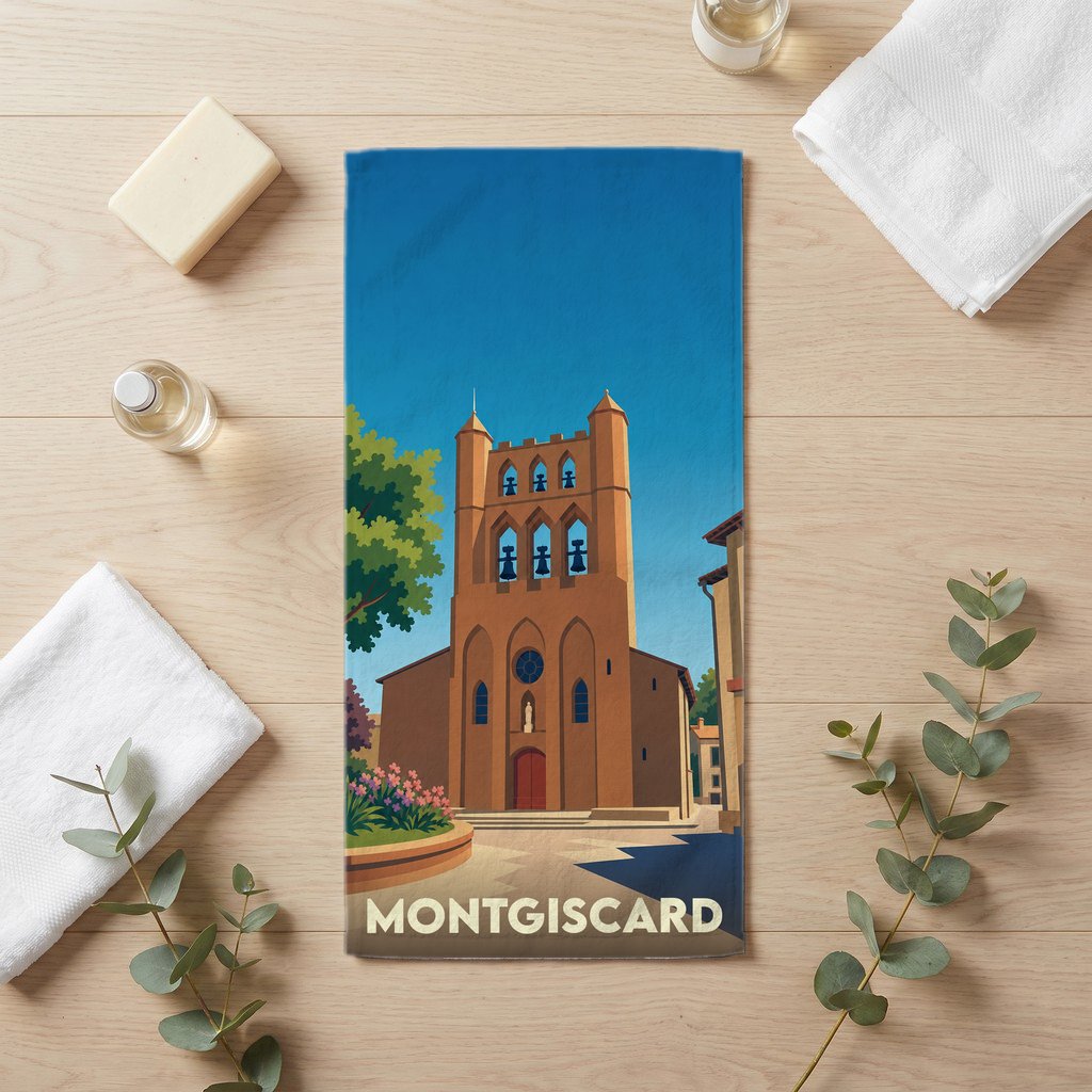 Serviette de bain souvenir de la ville de Montgiscard avec une illustration stylisée de son église.