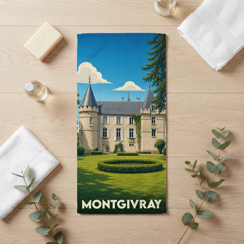 Serviette de bain souvenir de la ville de Montgivray illustrée d'un château de style vintage.