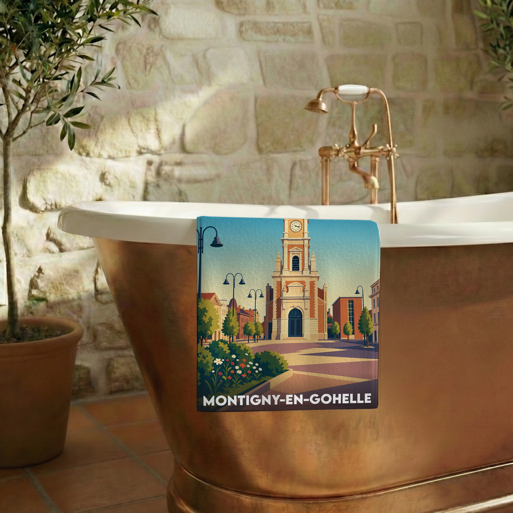 Serviette de bain souvenir de la ville de Montigny-en-Gohelle avec une illustration stylisée de son église.