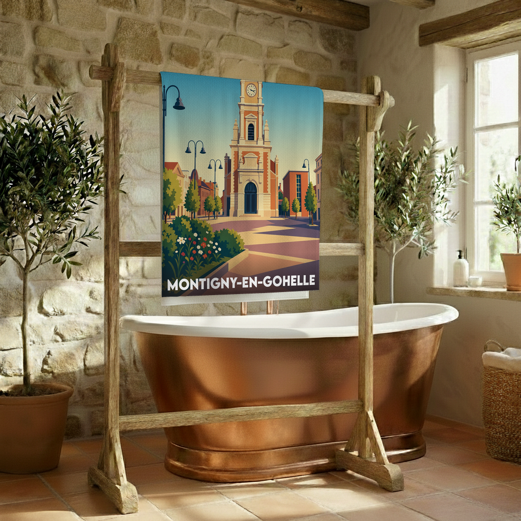Serviette de bain souvenir de la ville de Montigny-en-Gohelle avec une illustration stylisée de son église.