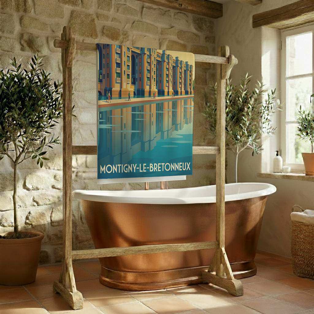 Serviette de bain souvenir de la ville de Montigny-le-Bretonneux avec une illustration stylisée.