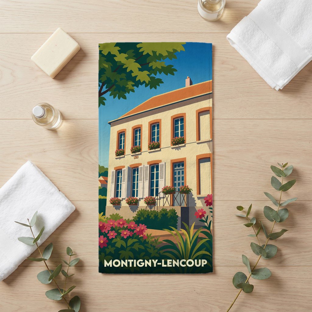Serviette de bain souvenir de la ville de Montigny-Lencoup avec une illustration stylisée d'une maison fleurie.