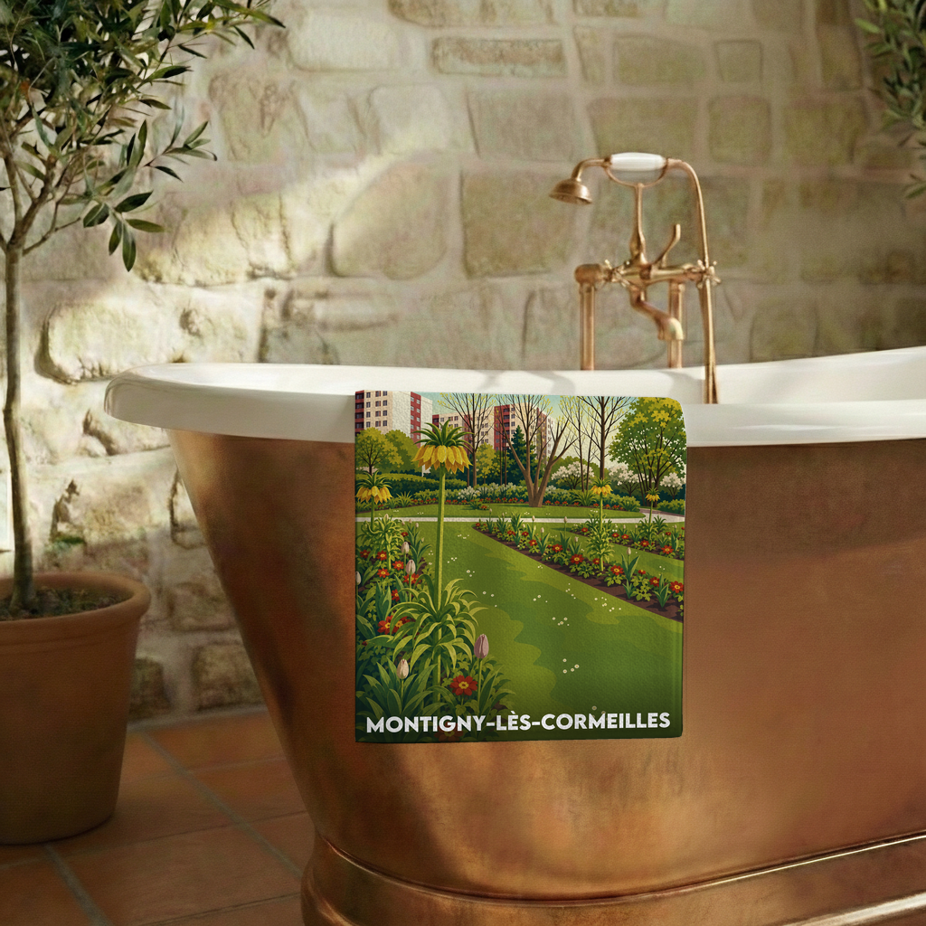 Serviette de bain souvenir de la ville de Montigny-lès-Cormeilles avec une illustration stylisée d'un parc fleuri.