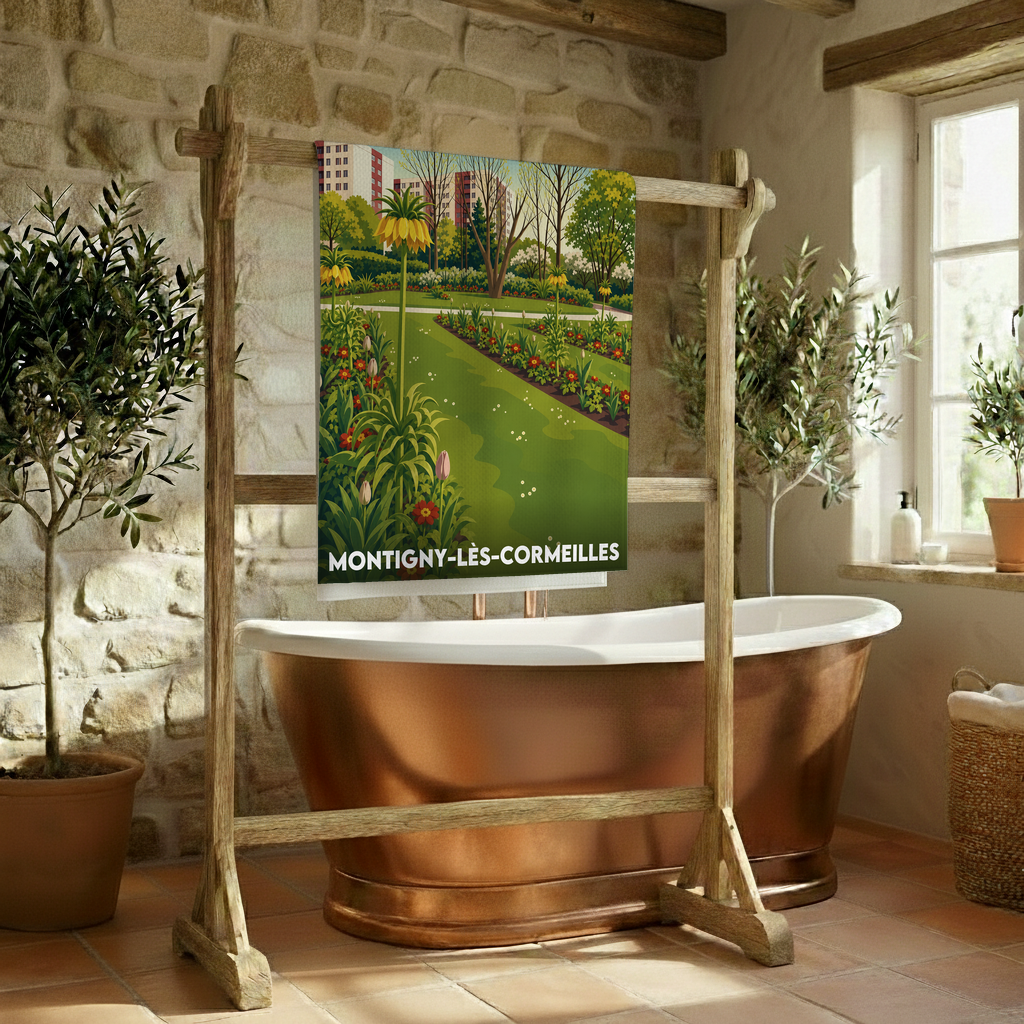 Serviette de bain souvenir de la ville de Montigny-lès-Cormeilles avec une illustration stylisée d'un parc paysager.