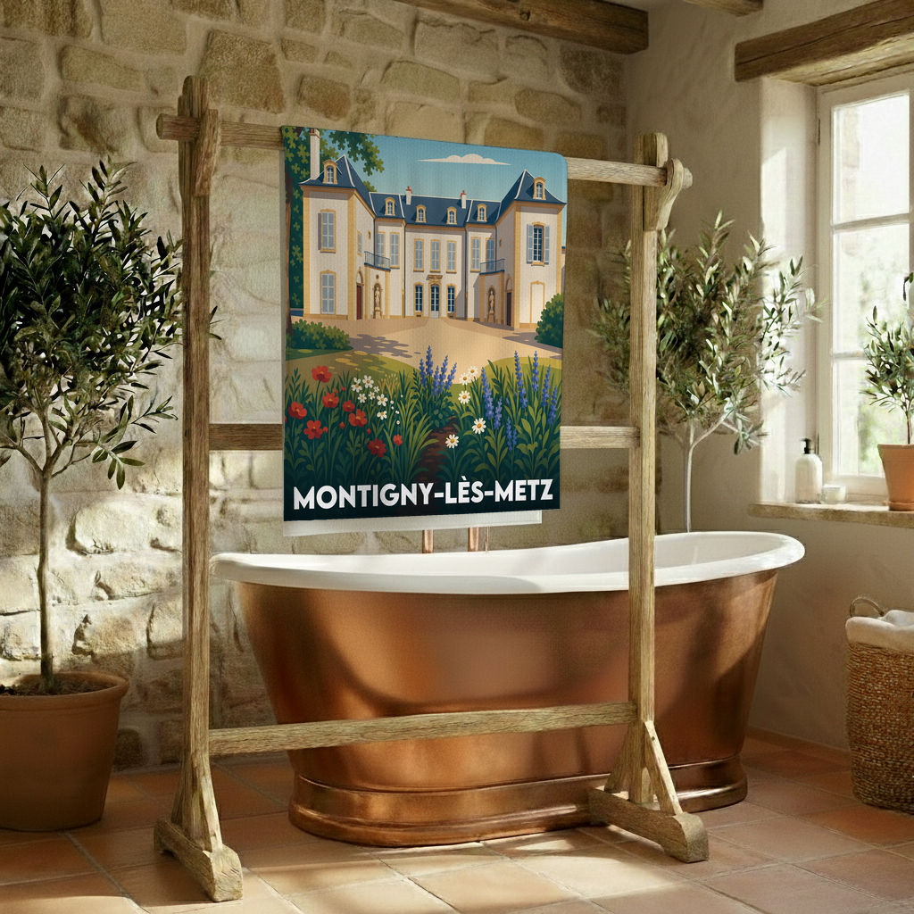 Serviette de bain souvenir de la ville de Montigny-lès-Metz avec une illustration stylisée de son patrimoine.