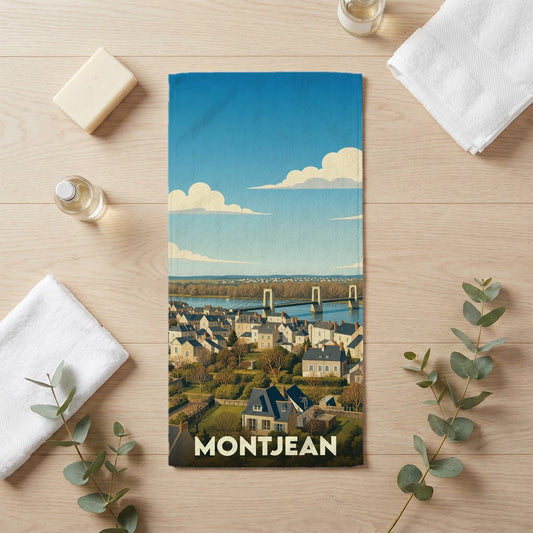 Serviette de bain souvenir de la ville de Montjean avec une illustration stylisée de son paysage urbain et de son pont.