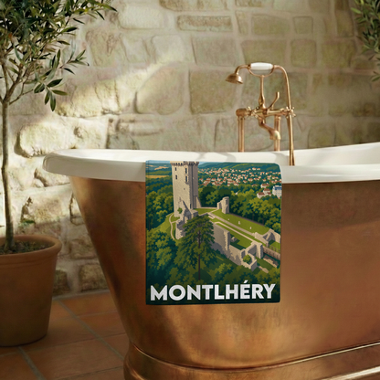 Serviette de bain souvenir de la ville de Montlhéry avec une illustration stylisée de son château.