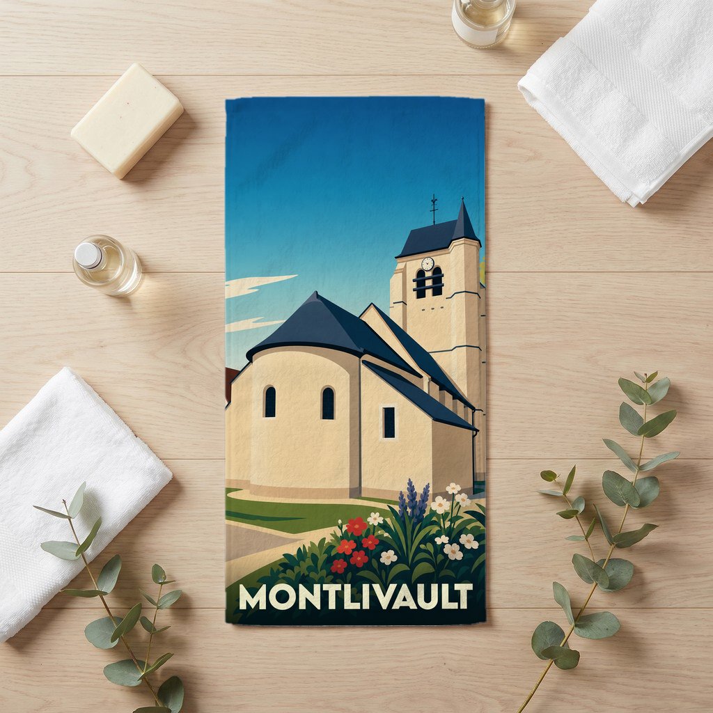 Serviette de bain souvenir de la ville de Montlivault avec une illustration stylisée d'église.