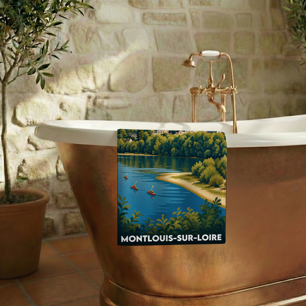 Serviette de bain souvenir de la ville de Montlouis-sur-Loire avec une illustration stylisée.