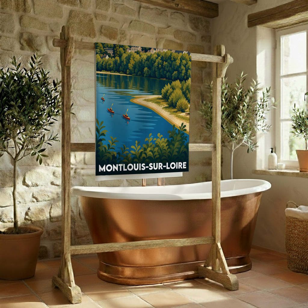 Serviette de bain souvenir de la ville de Montlouis-sur-Loire avec une illustration stylisée des bords de Loire.