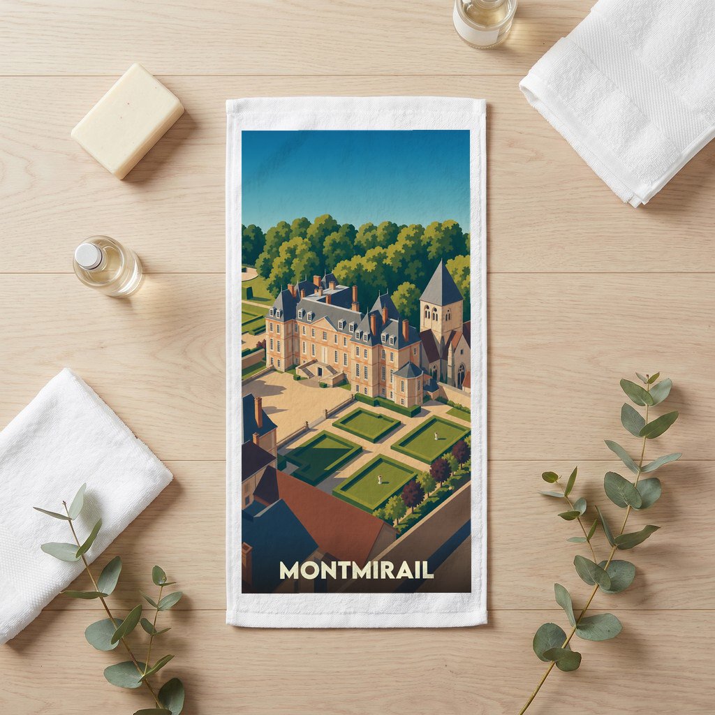 Serviette de bain souvenir de la ville de Montmirail avec une illustration stylisée de son château et de ses jardins.