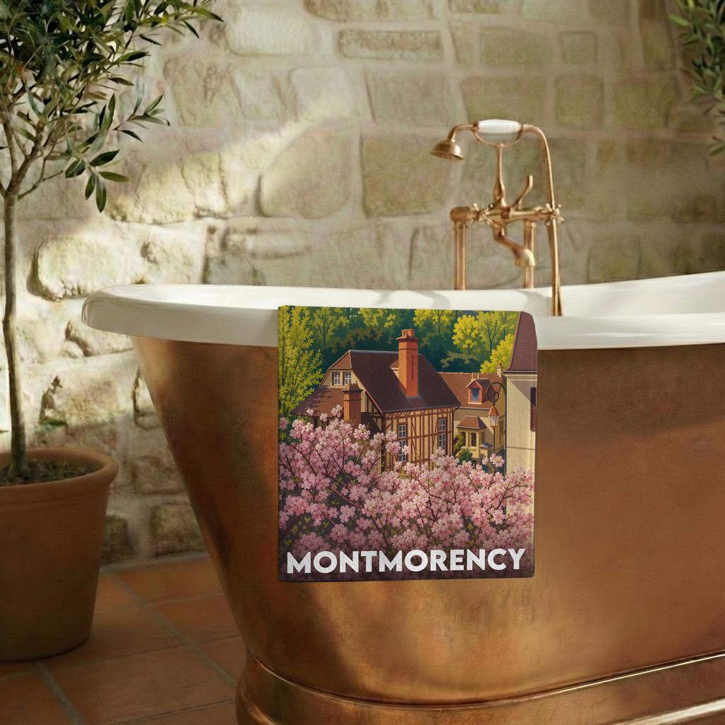 Serviette de bain souvenir de la ville de Montmorency avec une illustration stylisée de maisons et de cerisiers en fleurs.