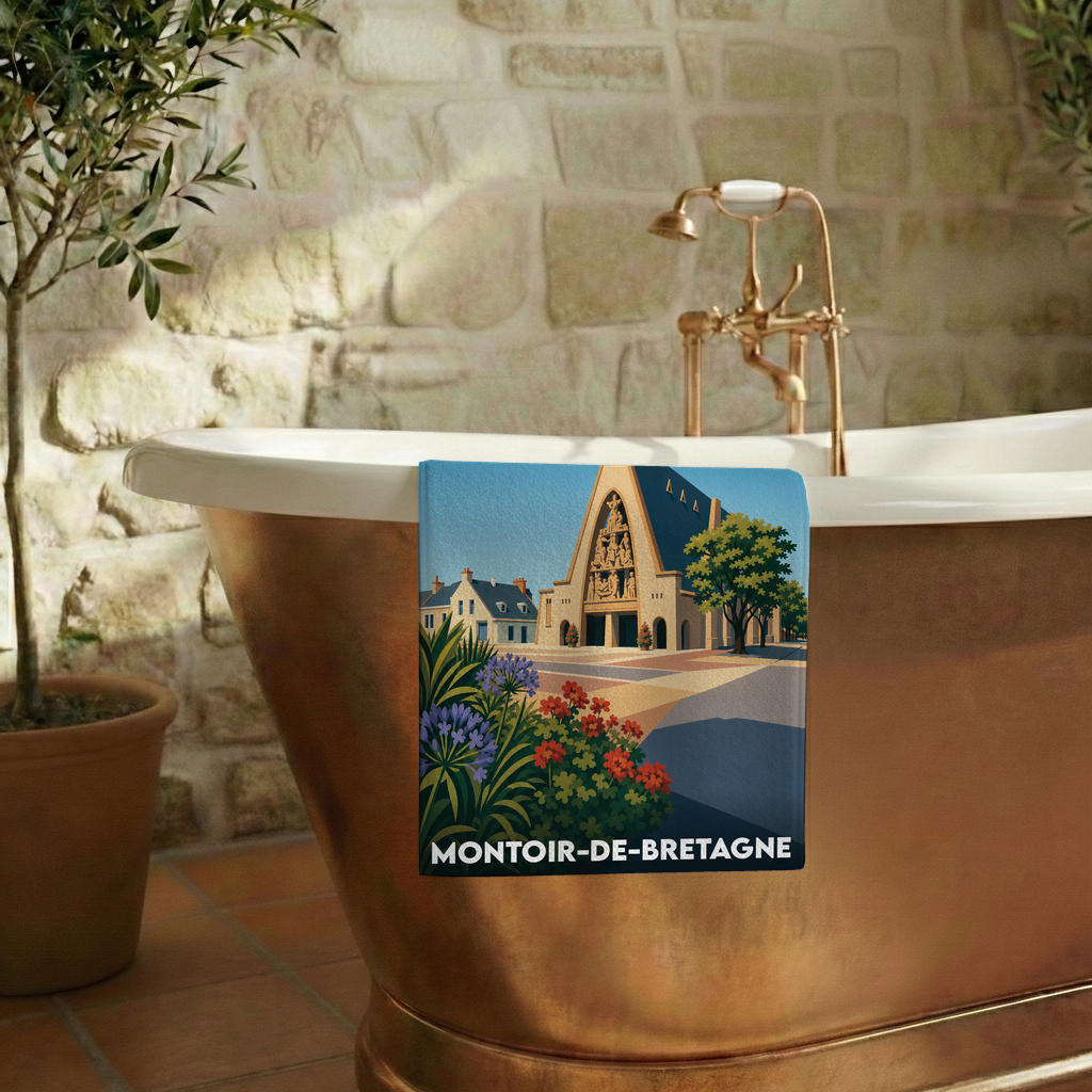 Serviette de bain souvenir de Montoir-de-Bretagne illustrée d'une vue stylisée de la ville.