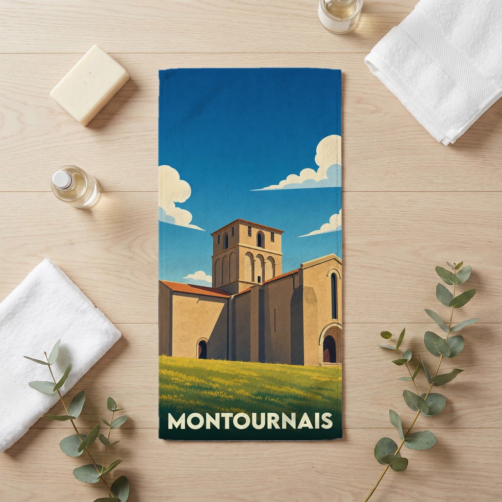 Serviette de bain souvenir de la ville de Montournais avec une illustration stylisée de son église.