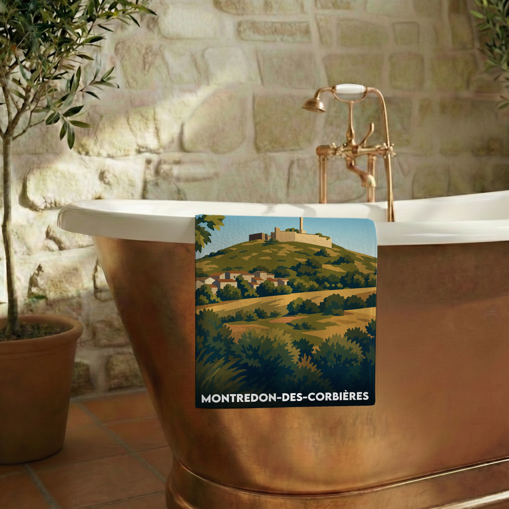 Serviette de bain souvenir de Montredon-des-Corbières avec une illustration stylisée du paysage local.