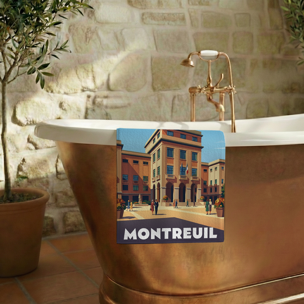 Serviette de bain souvenir de la ville de Montreuil avec une illustration stylisée.