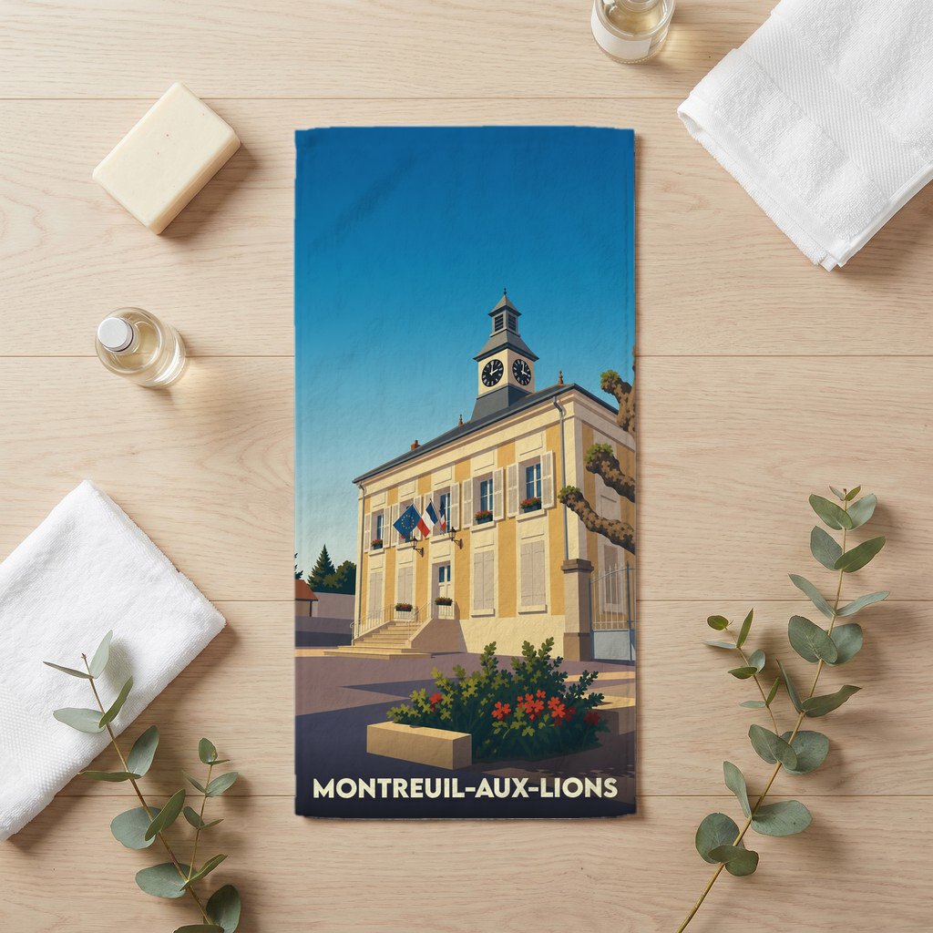 Serviette de bain souvenir de la ville de Montreuil-aux-Lions avec une illustration stylisée de sa mairie.