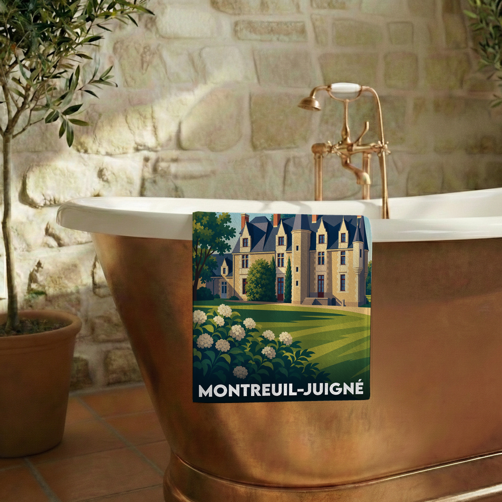 Serviette de bain souvenir de la ville de Montreuil-Juigné avec une illustration stylisée de son château.