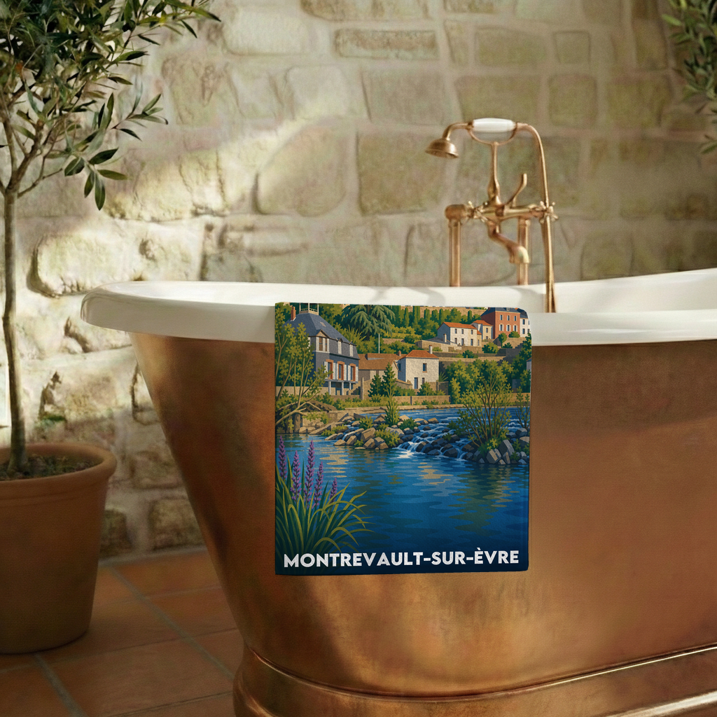 Serviette de bain souvenir de la ville de Montrevault-sur-Èvre avec une illustration stylisée.