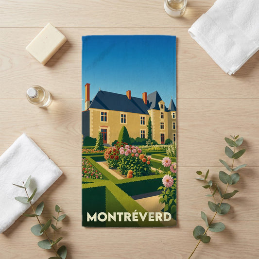 Serviette de bain souvenir de la ville de Montréverd avec une illustration stylisée d'un château et de ses jardins.