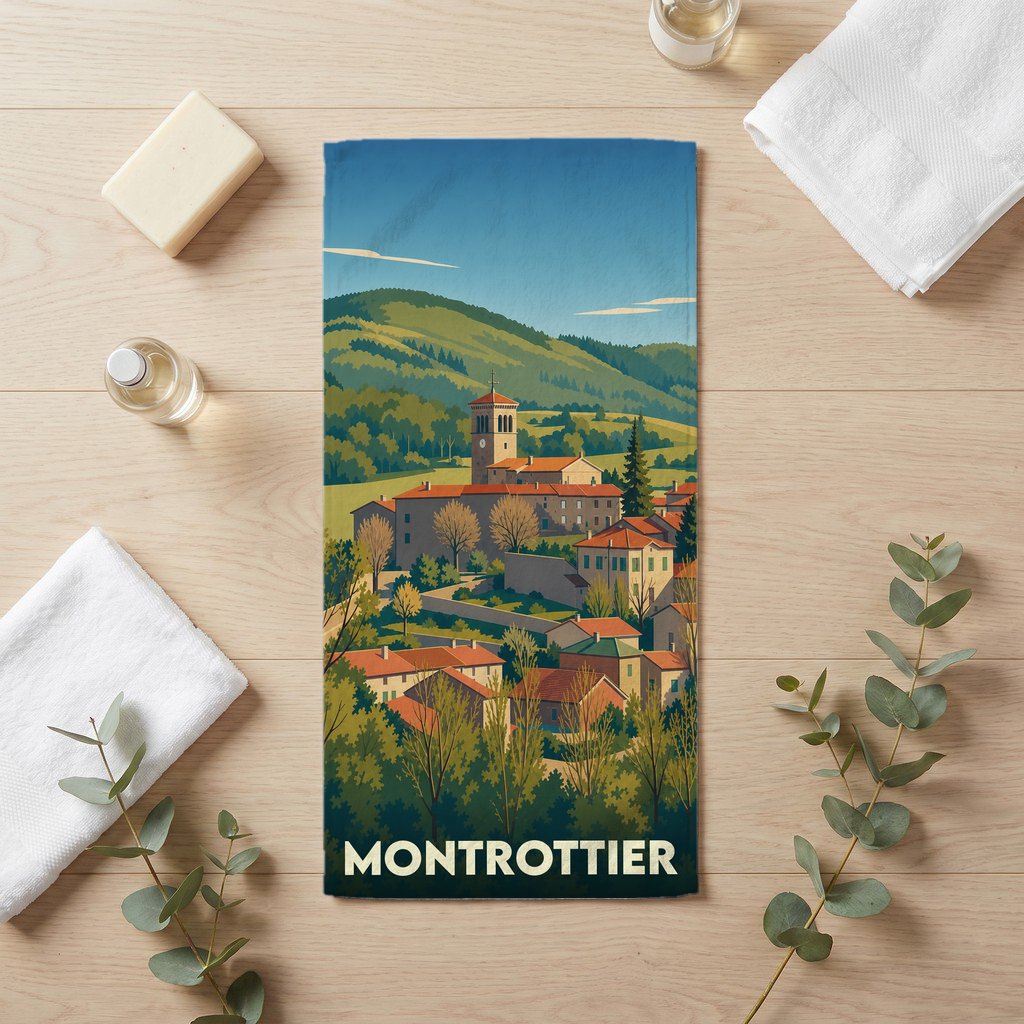 Serviette de bain souvenir de la ville de Montrottier avec une illustration stylisée de son paysage vallonné.