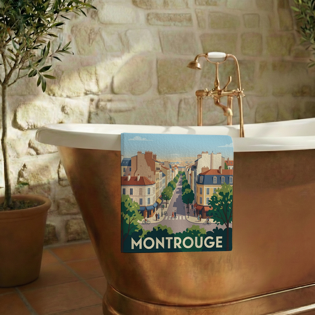 Serviette de bain souvenir de la ville de Montrouge avec une illustration stylisée d'un paysage urbain.