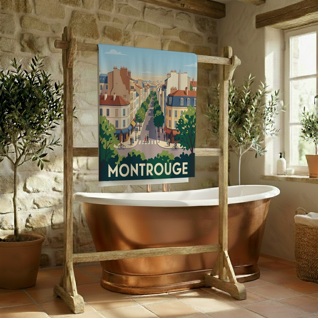 Serviette de bain souvenir de la ville de Montrouge avec une illustration urbaine stylisée.