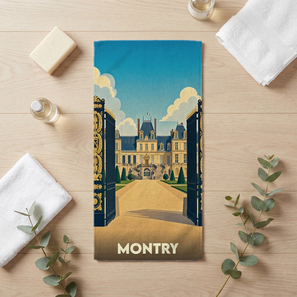 Serviette de bain souvenir de la ville de Montry avec une illustration stylisée d'un château.