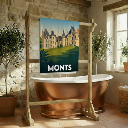 Serviette de bain souvenir de la ville de Monts avec une illustration stylisée d'un château.
