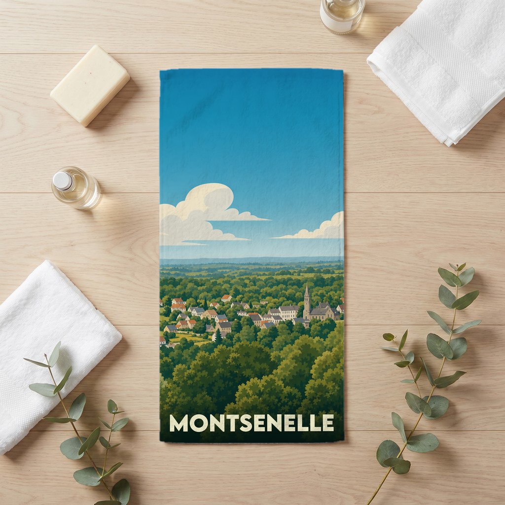 Serviette de bain souvenir de la ville de Montsenelle avec une illustration paysagère stylisée.
