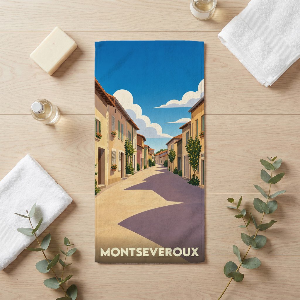 Serviette de bain souvenir de la ville de Montseveroux avec une illustration stylisée d'une rue pittoresque.