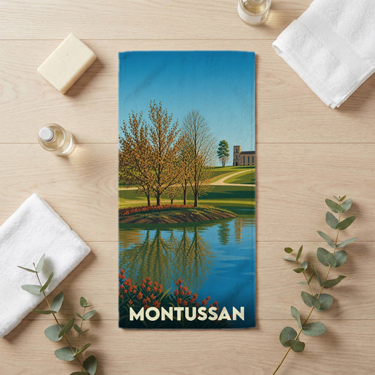 Serviette de bain souvenir de la ville de Montussan avec une illustration de paysage lacustre.