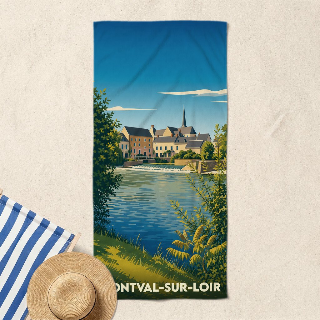 Serviette de bain souvenir de Montval-sur-Loir illustrée d'un paysage urbain au bord de l'eau dans un style vintage.