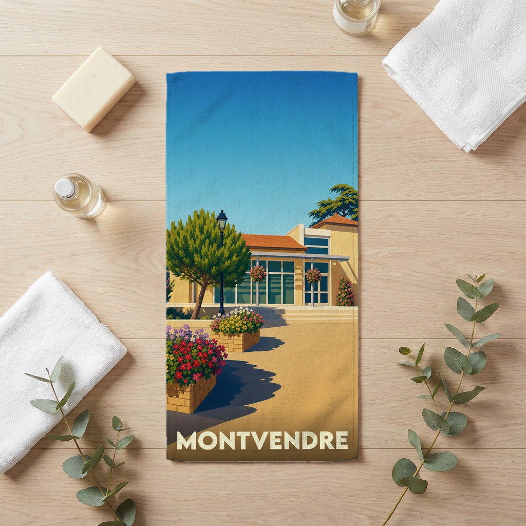 Serviette de bain souvenir de la ville de Montvendre avec une illustration stylisée et colorée.
