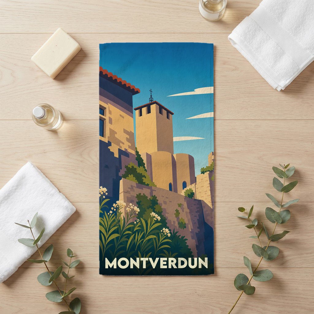 Serviette de bain souvenir de la ville de Montverdun avec une illustration stylisée.
