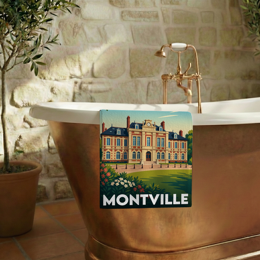 Serviette de bain souvenir de la ville de Montville avec une illustration stylisée d'un château.