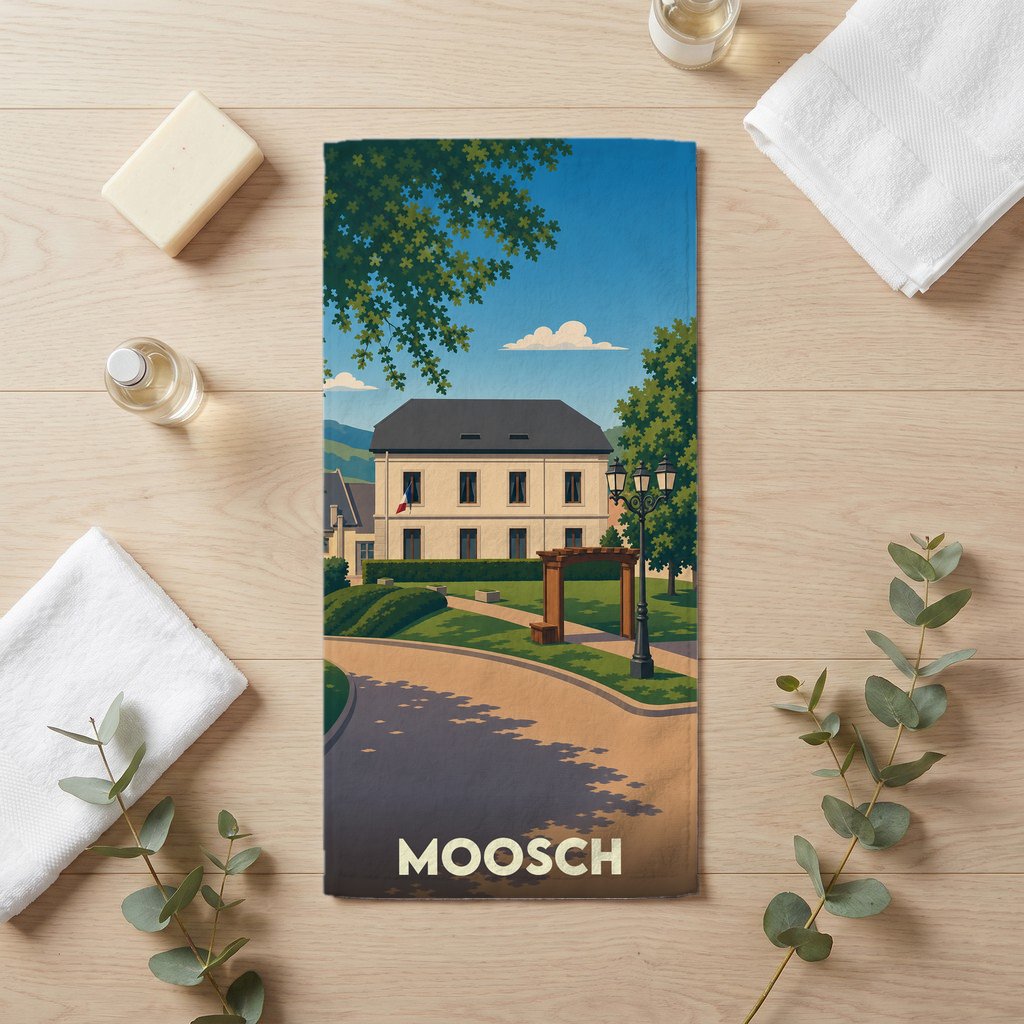 Serviette de bain souvenir de la ville de Moosch illustrant un bâtiment historique dans un paysage verdoyant.