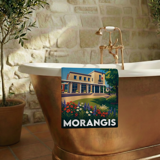 Serviette de bain souvenir de la ville de Morangis avec une illustration stylisée.