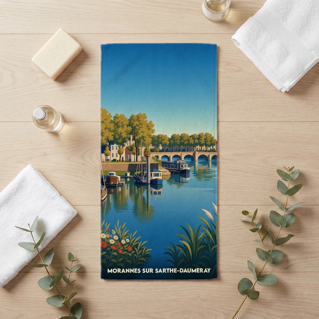 Serviette de bain souvenir de la ville de Morannes sur Sarthe-Daumeray avec une illustration stylisée.