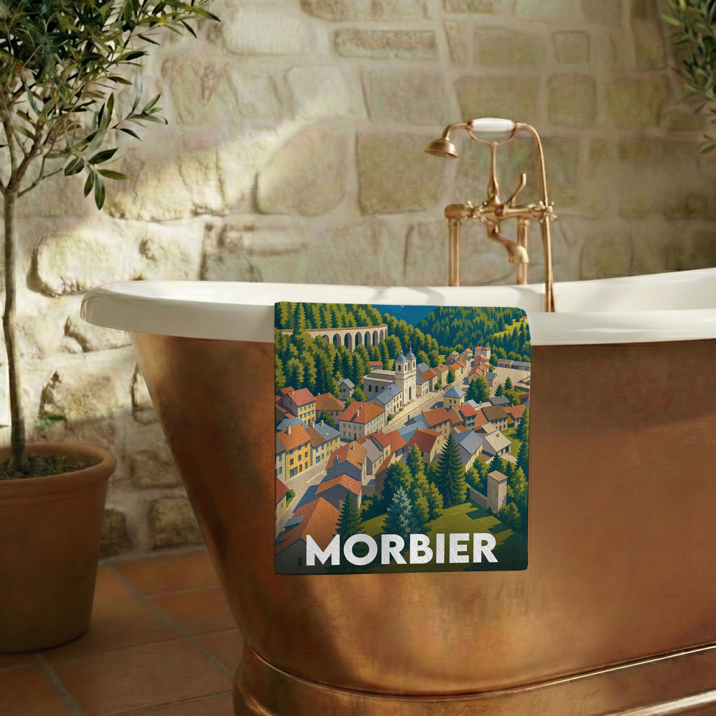 Serviette de bain souvenir de la ville de Morbier avec une illustration stylisée.