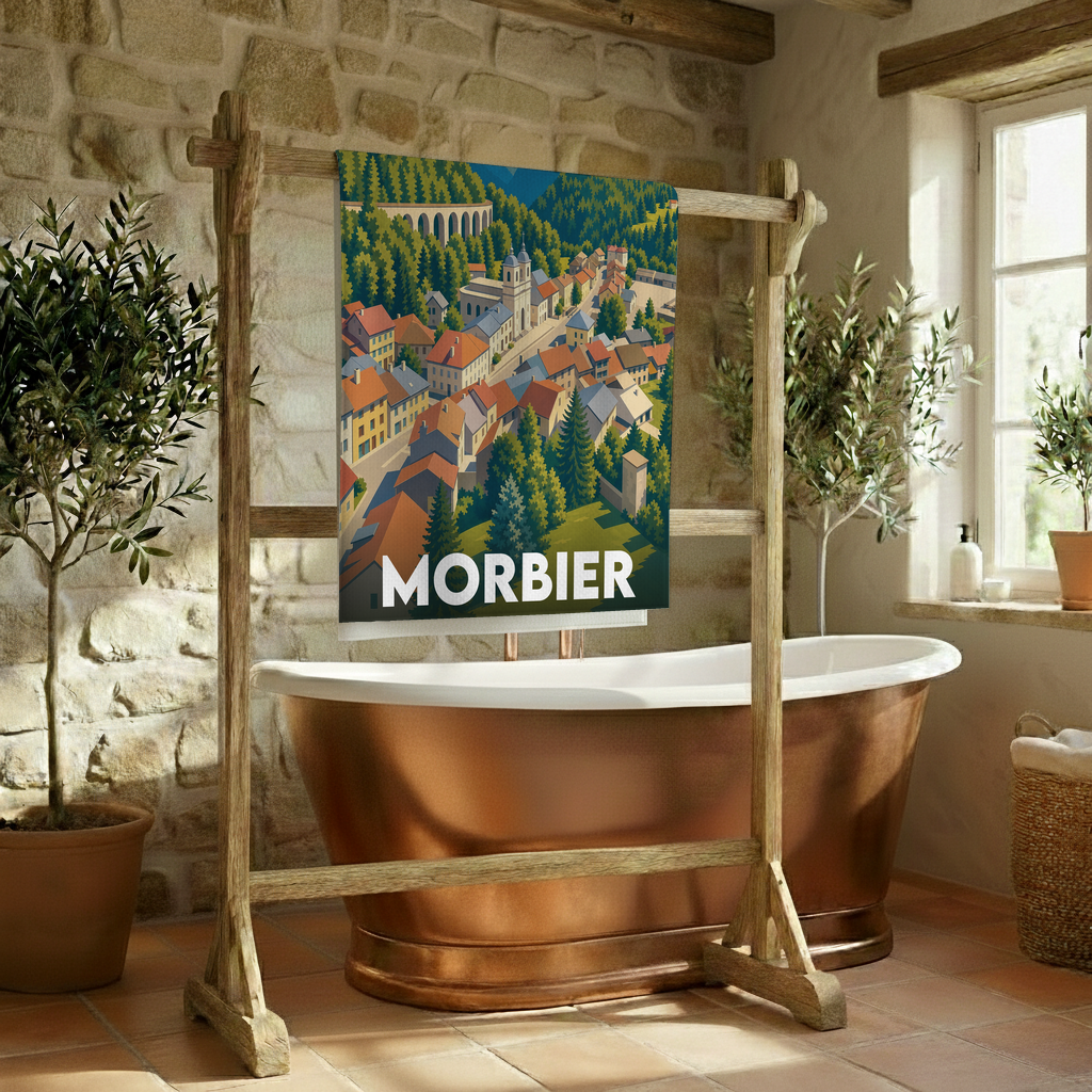 Serviette de bain souvenir de la ville de Morbier avec une illustration stylisée.
